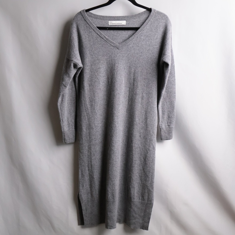 GRANA Mongolian Cashmere V-Neck Sweater Dress Gray Small Relaxed‎ Fit Midi